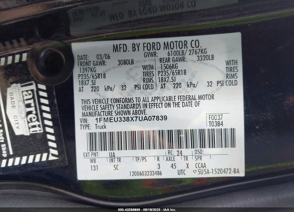 2007 FORD EXPLORER SPORT TRAC VIN: 1FMEU338X7UA07839