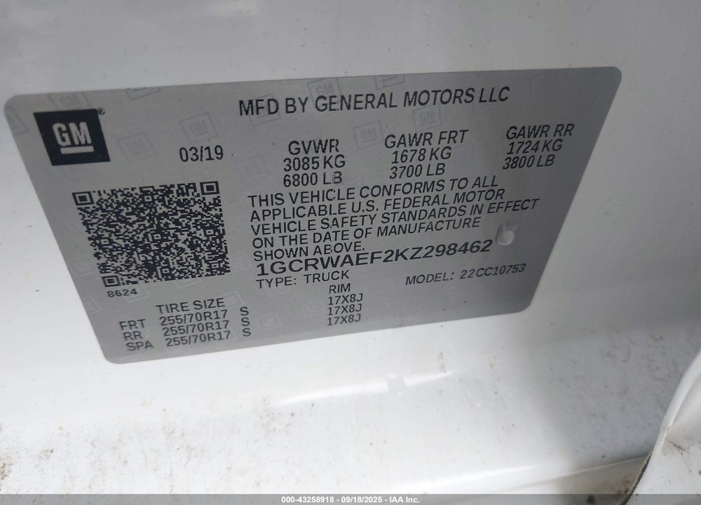 2019 CHEVROLET SILVERADO 1500 VIN: 1GCRWAEF2KZ298462