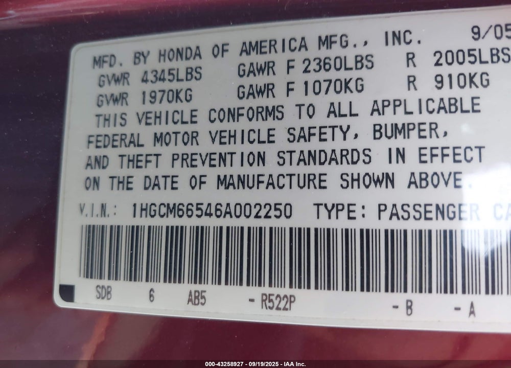 2006 HONDA ACCORD SDN EX-L V6 VIN: 1HGCM66546A002250