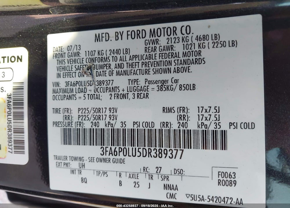 2013 FORD FUSION VIN: 3FA6P0LU5DR389377