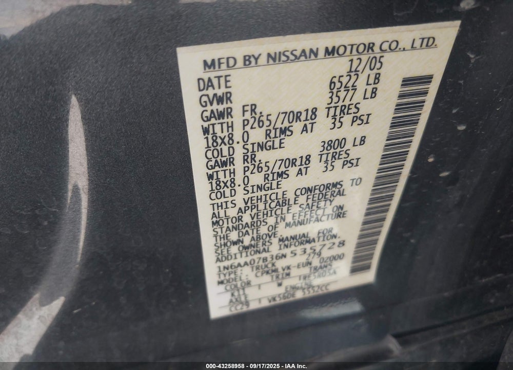 2006 NISSAN TITAN LE VIN: 1N6AA07B36N535728