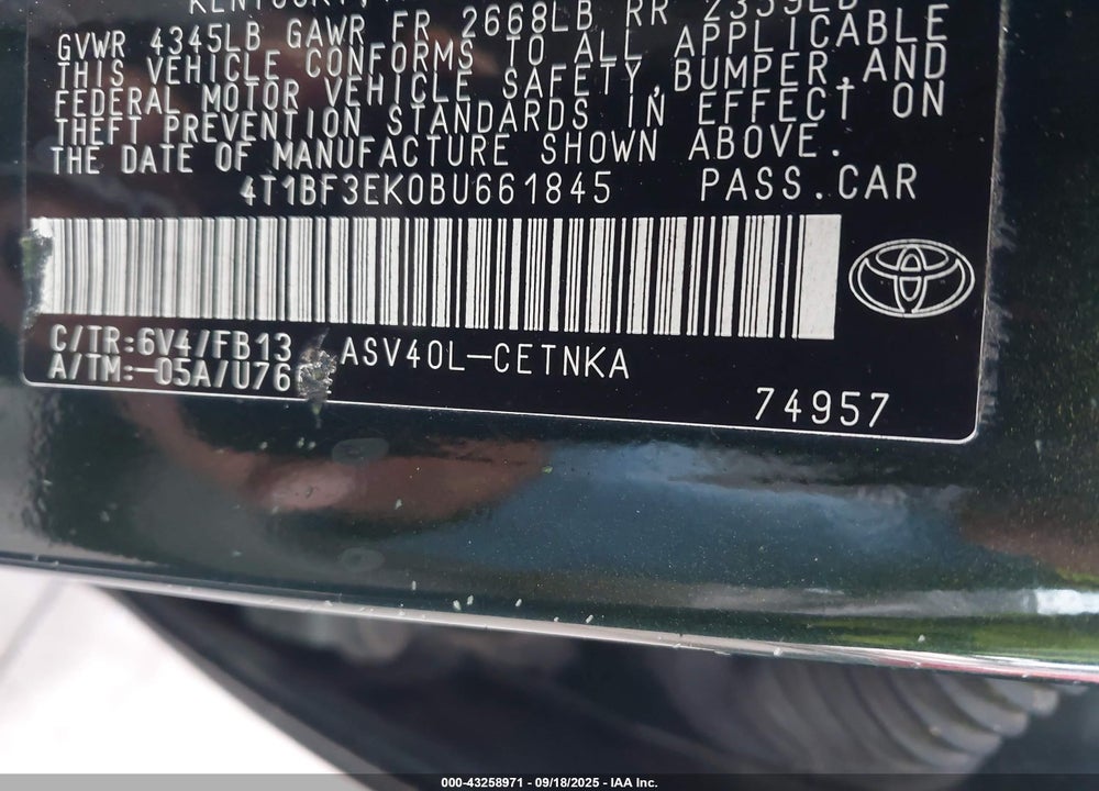 2011 TOYOTA CAMRY LE VIN: 4T1BF3EK0BU661845