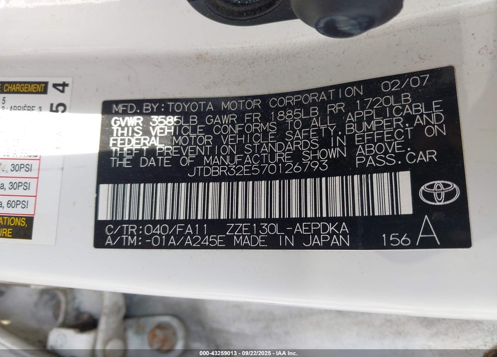 2007 TOYOTA COROLLA VIN: JTDBR32E570126793