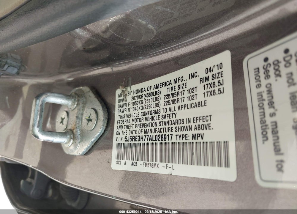 2010 HONDA CR-V VIN: 5J6RE3H77AL028917