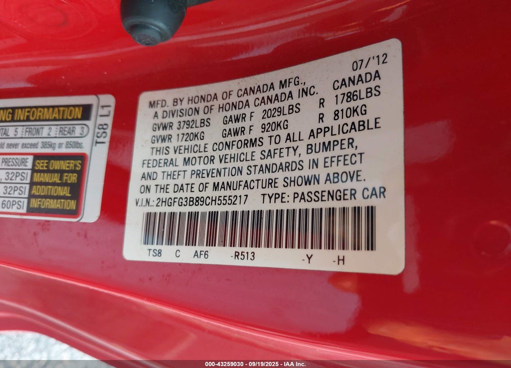2012 HONDA CIVIC EX VIN: 2HGFG3B89CH555217