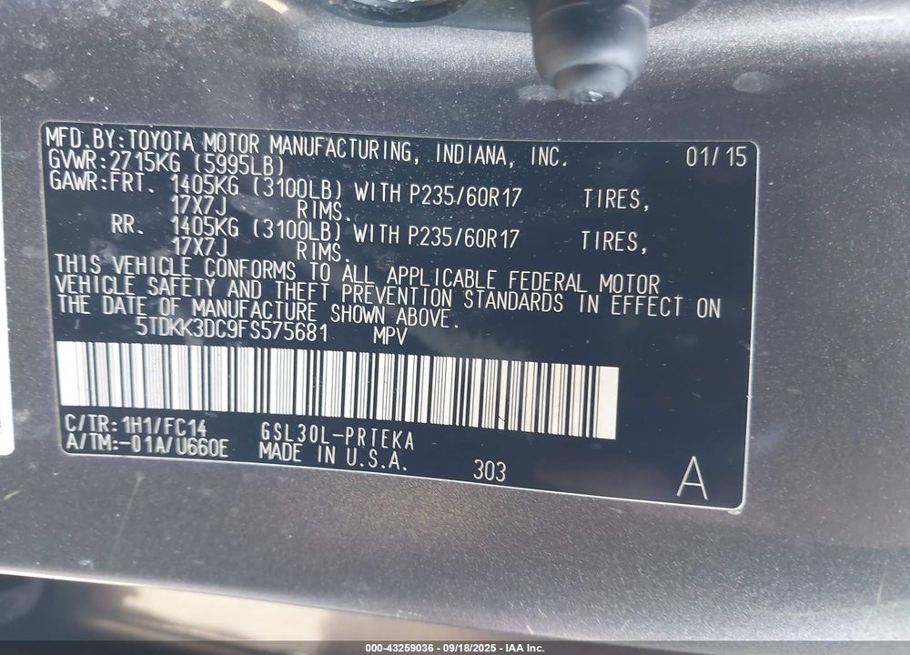 2015 TOYOTA SIENNA LE 8 PASSENGER VIN: 5TDKK3DC9FS575681