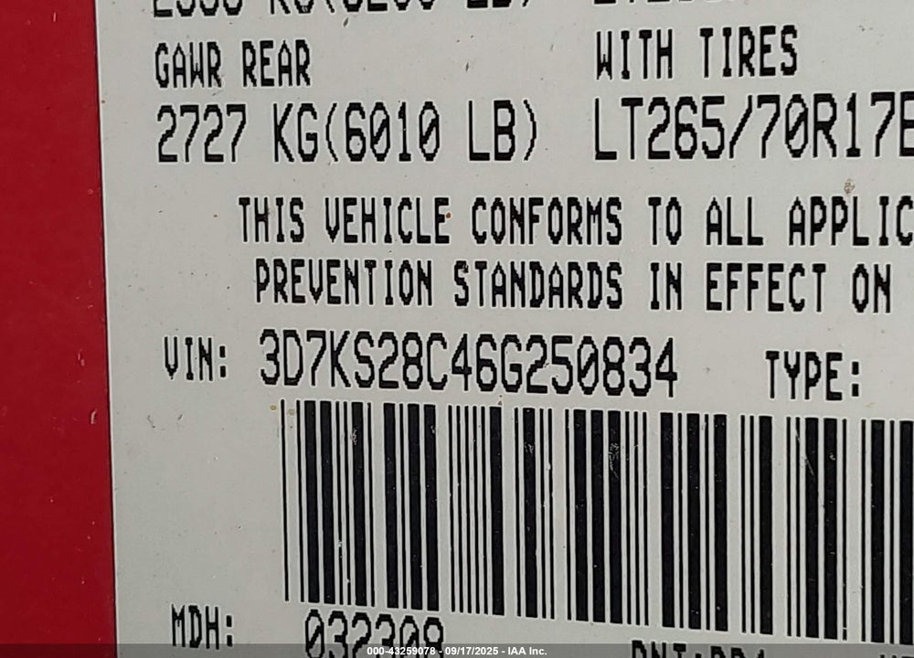 2006 DODGE RAM 2500 VIN: 3D7KS28C46G250834