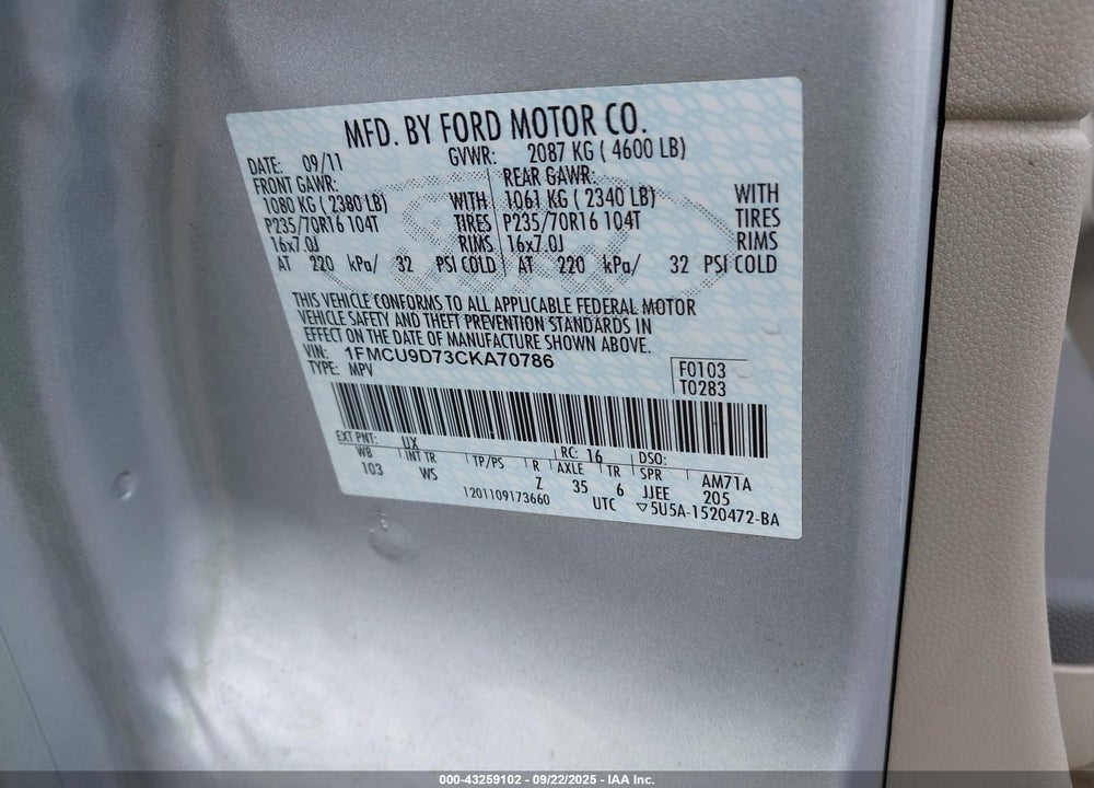 2012 FORD ESCAPE XLT VIN: 1FMCU9D73CKA70786