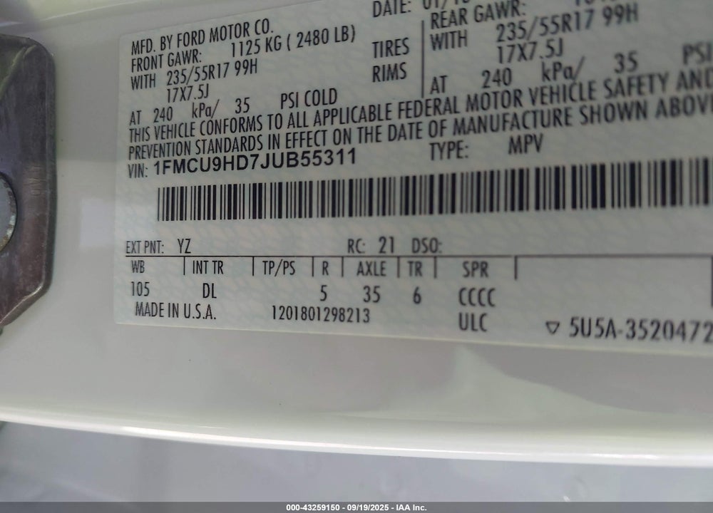 2018 FORD ESCAPE SEL VIN: 1FMCU9HD7JUB55311