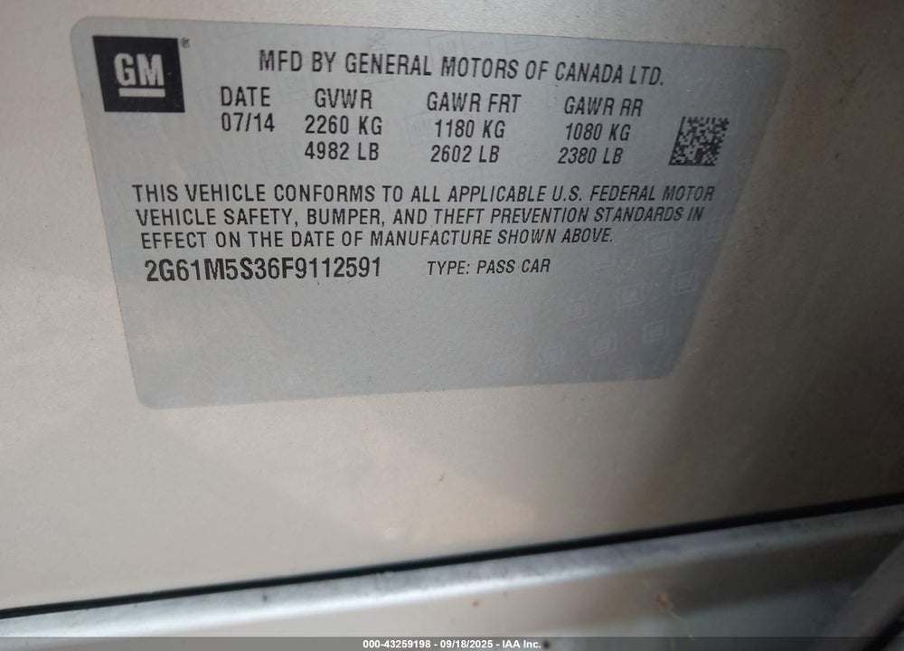 2015 CADILLAC XTS VIN: 2G61M5S36F9112591