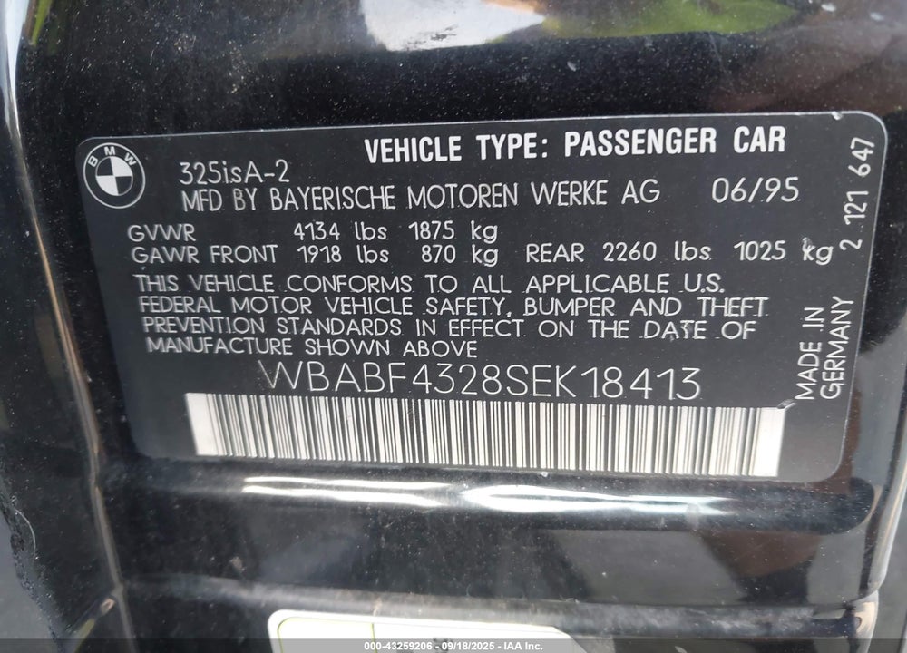 1995 BMW 325 IS AUTOMATIC VIN: WBABF4328SEK18413
