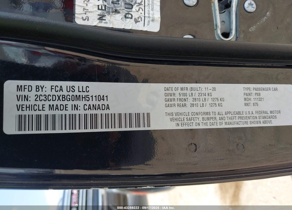 2021 DODGE CHARGER VIN: 2C3CDXBG0MH511041