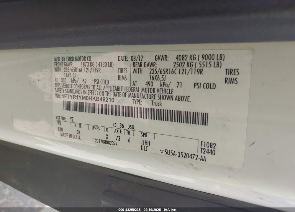2017 FORD TRANSIT-250 VIN: 1FTYR1YM0HKB49210