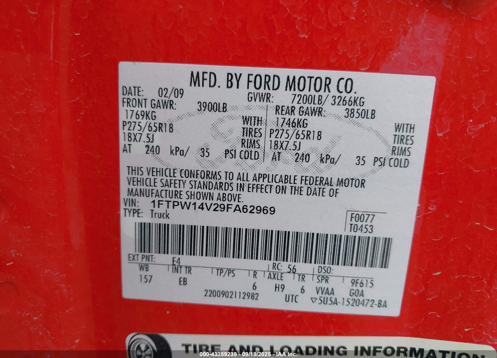 2009 FORD F-150 FX4/KING RANCH/LARIAT/PLATINUM/XL/XLT VIN: 1FTPW14V29FA62969