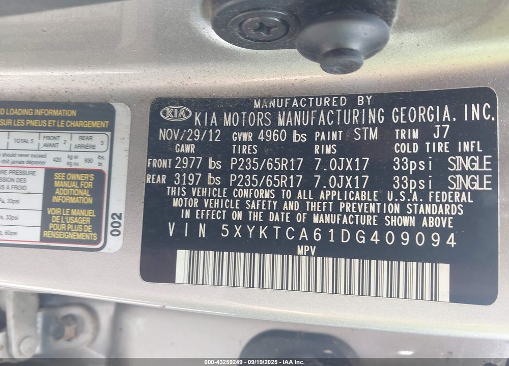 2013 KIA SORENTO VIN: 5XYKTCA61DG409094