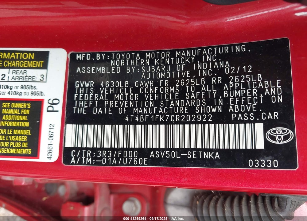 2012 TOYOTA CAMRY VIN: 4T4BF1FK7CR202922