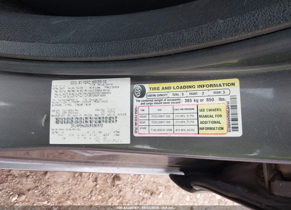 2010 FORD FUSION VIN: 3FAHP0HA0AR408078