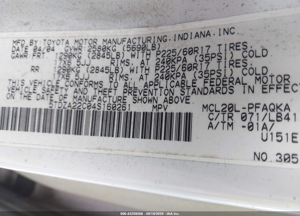 2004 TOYOTA SIENNA XLE LIMITED VIN: 5TDZA22C04S160261
