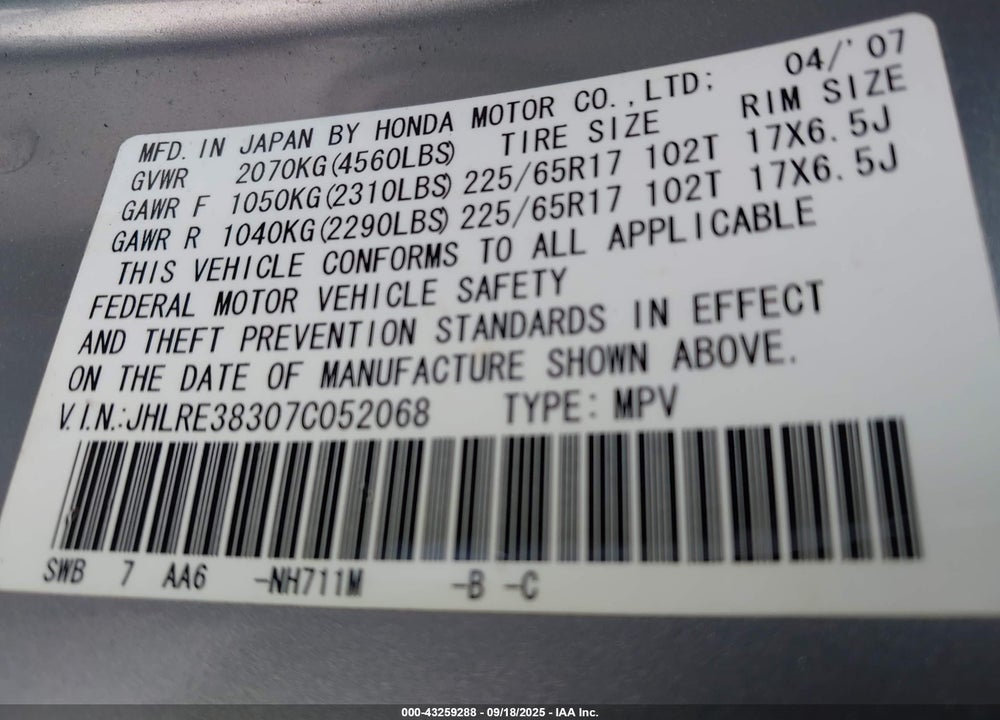 2007 HONDA CR-V LX VIN: JHLRE38307C052068
