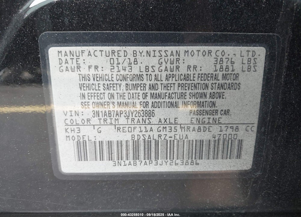 2018 NISSAN SENTRA SR VIN: 3N1AB7AP3JY263886