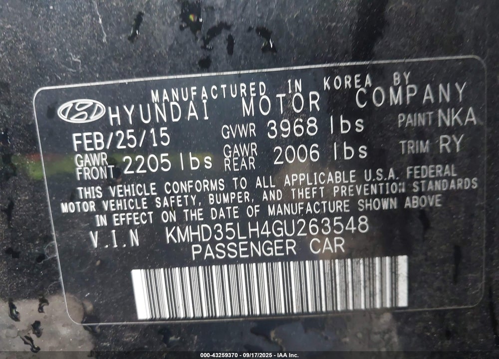 2016 HYUNDAI ELANTRA VIN: KMHD35LH4GU263548