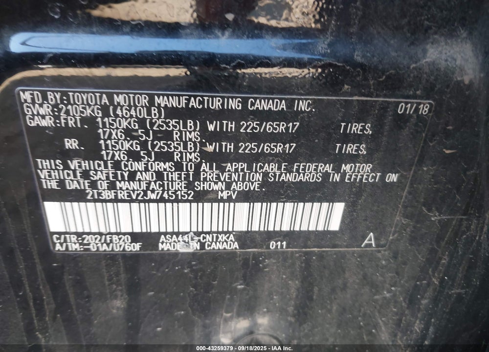 2018 TOYOTA RAV4 VIN: 2T3BFREV2JW745152
