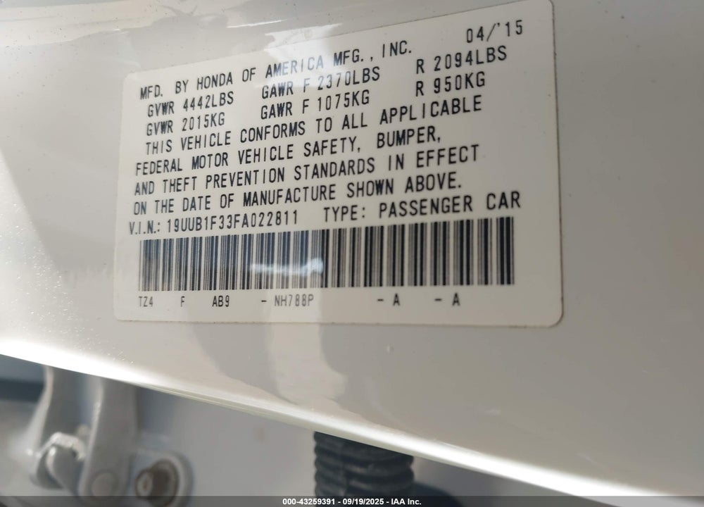 2015 ACURA TLX VIN: 19UUB1F33FA022811