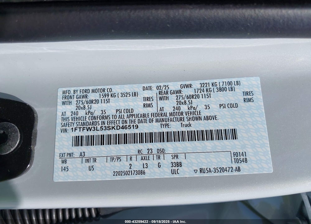 2025 FORD F-150 VIN: 1FTFW3L53SKD46519