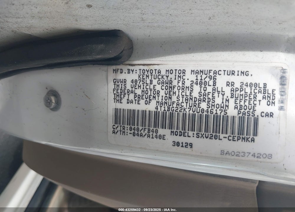 1997 TOYOTA CAMRY LE VIN: 4T1BG22K7VU046175
