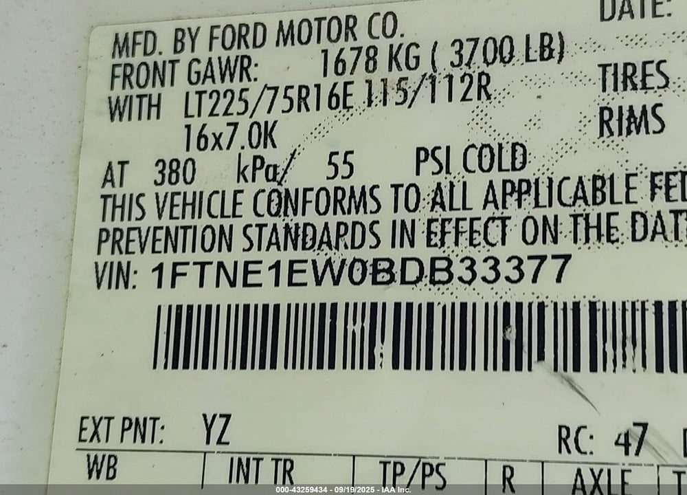 2011 FORD E-150 COMMERCIAL VIN: 1FTNE1EW0BDB33377
