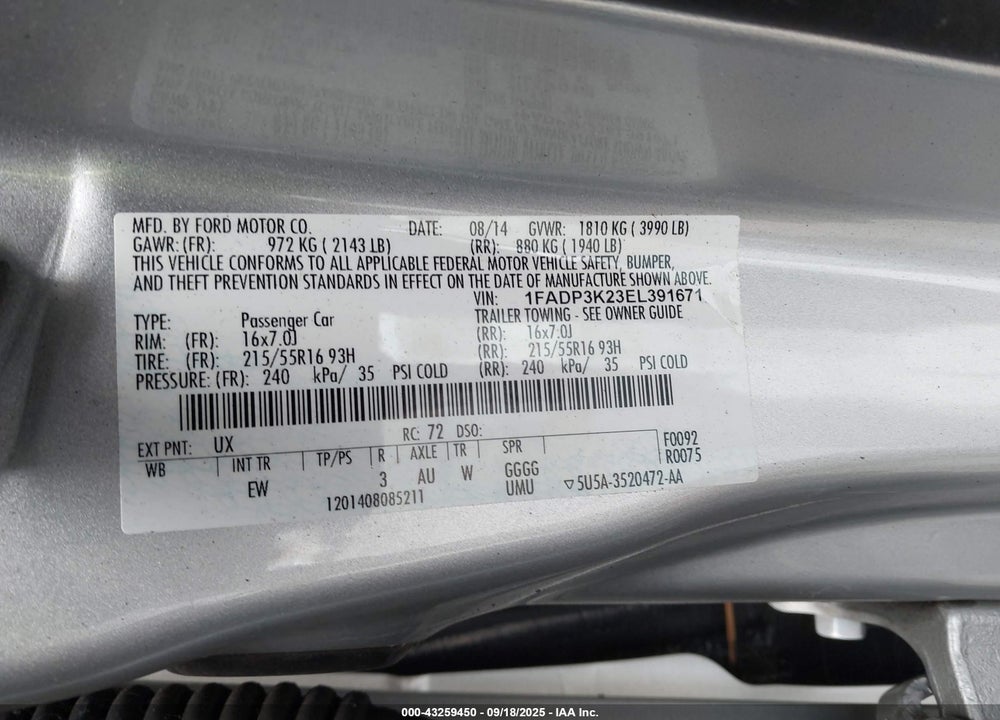 2014 FORD FOCUS VIN: 1FADP3K23EL391671