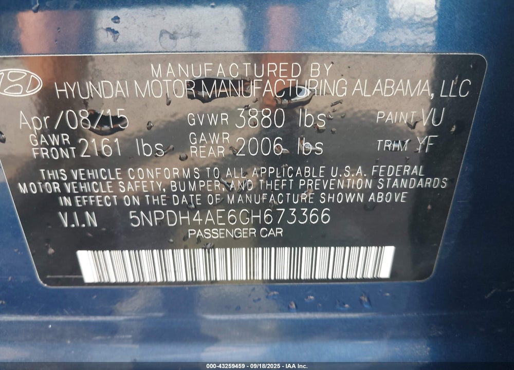2016 HYUNDAI ELANTRA SE VIN: 5NPDH4AE6GH673366