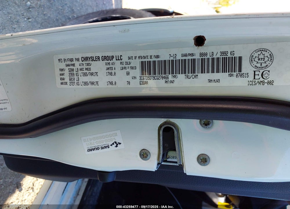 2012 RAM 2500 VIN: 3C6TD5DT9CG270466