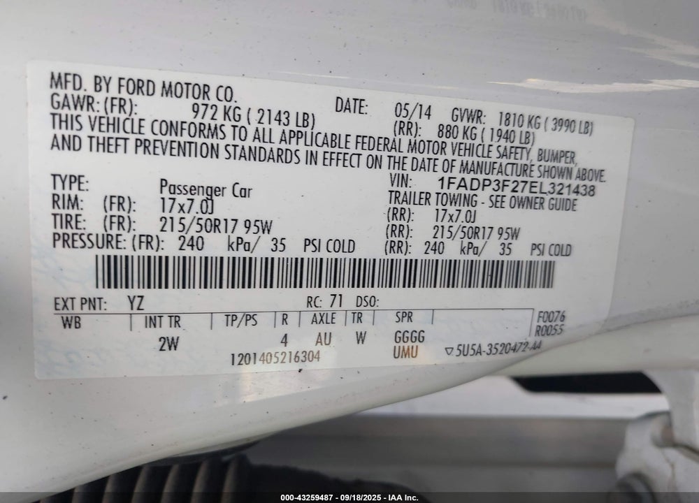 2014 FORD FOCUS SE VIN: 1FADP3F27EL321438