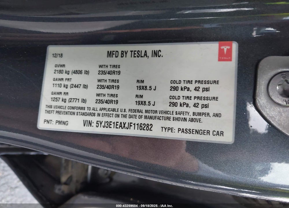 2018 TESLA MODEL 3 VIN: 5YJ3E1EAXJF116282