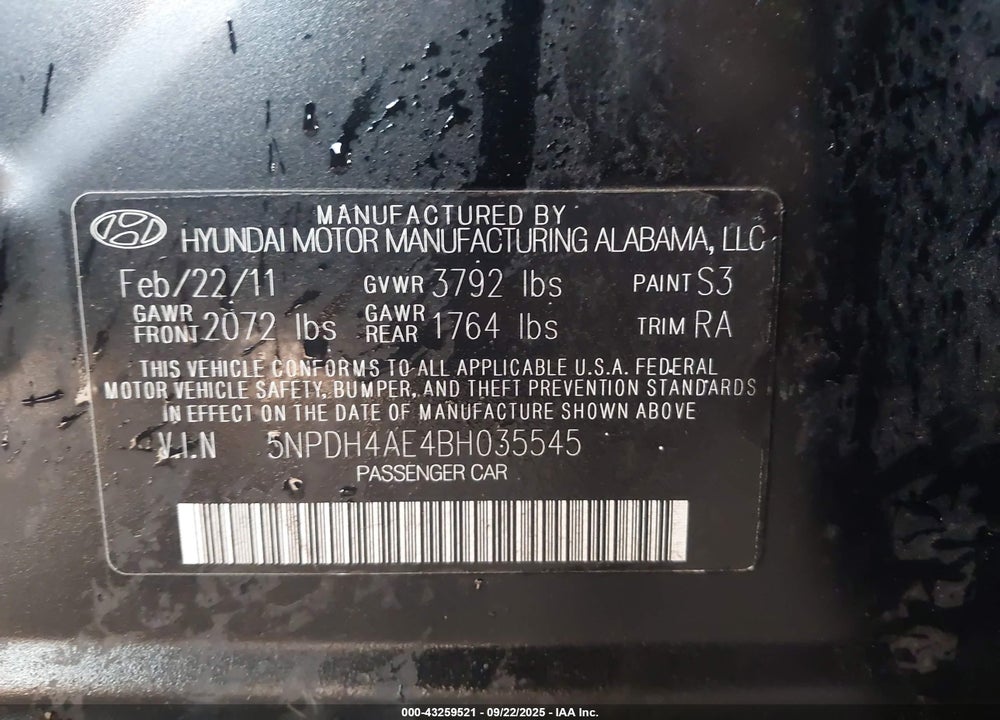 2011 HYUNDAI ELANTRA VIN: 5NPDH4AE4BH035545