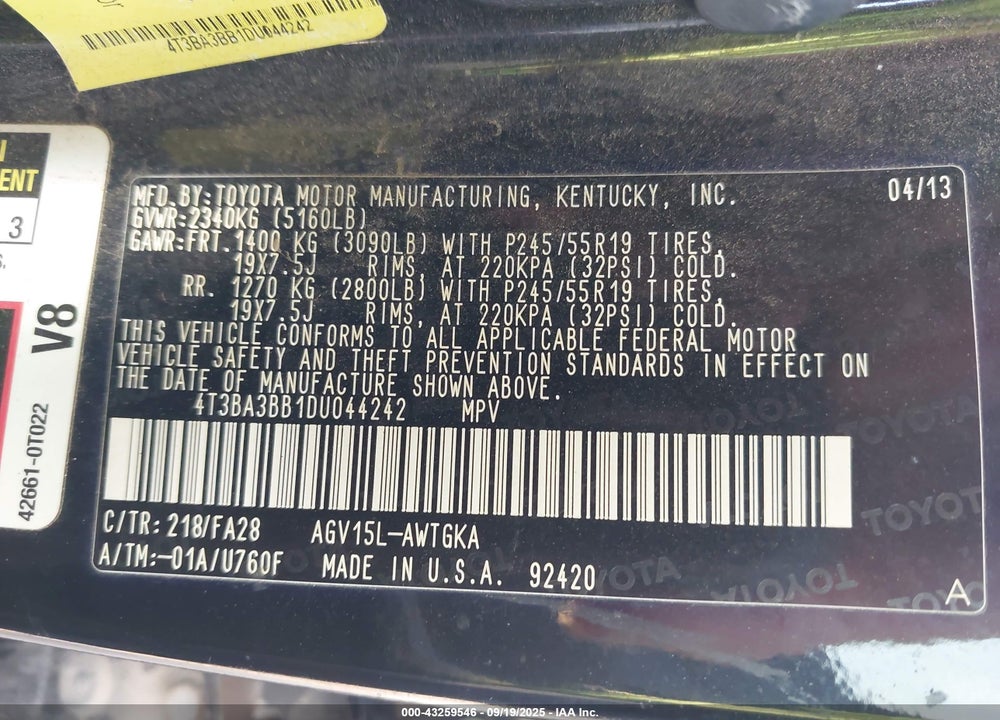 2013 TOYOTA VENZA VIN: 4T3BA3BB1DU044242