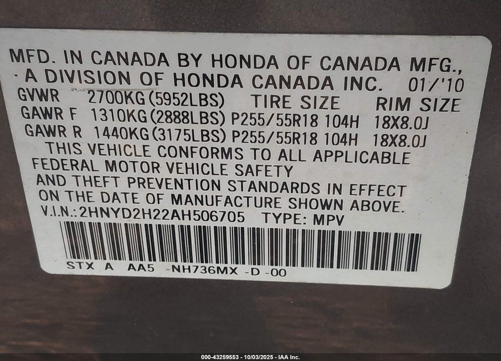 2010 ACURA MDX VIN: 2HNYD2H22AH506705