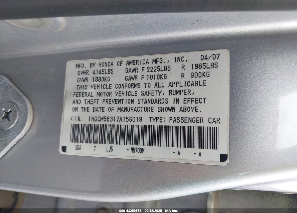 2007 HONDA ACCORD VIN: 1HGCM56317A156019