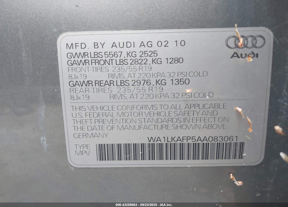 2010 AUDI Q5 VIN: WA1LKAFP5AA083061