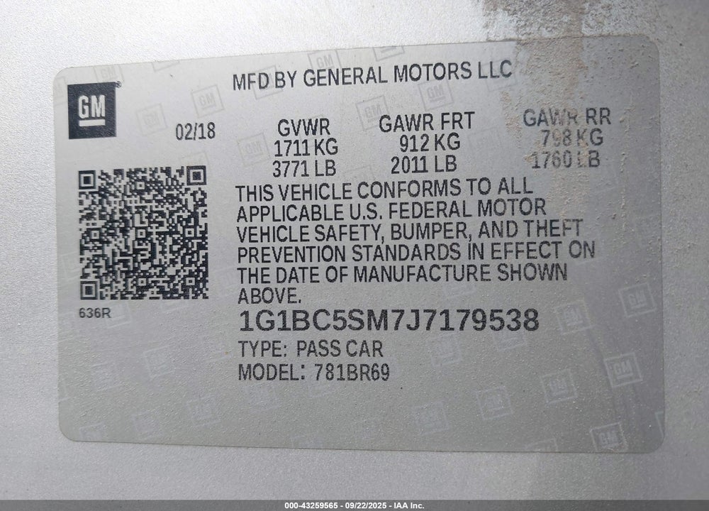 2018 CHEVROLET CRUZE VIN: 1G1BC5SM7J7179538
