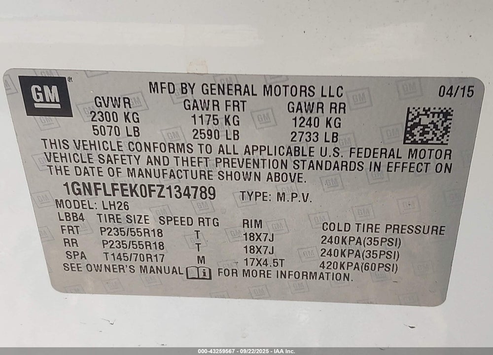 2015 CHEVROLET EQUINOX VIN: 1GNFLFEK0FZ134789