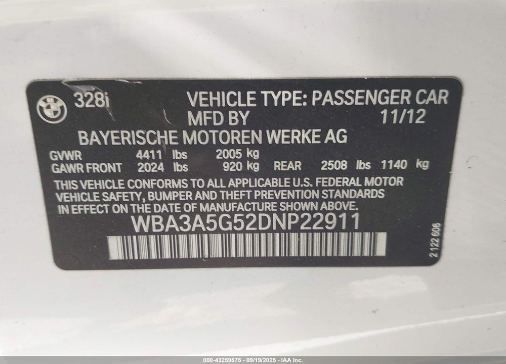2013 BMW 3 SERIES VIN: WBA3A5G52DNP22911