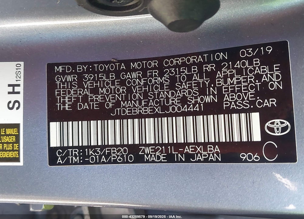 2020 TOYOTA COROLLA HYBRID LE VIN: JTDEBRBEXLJ004441