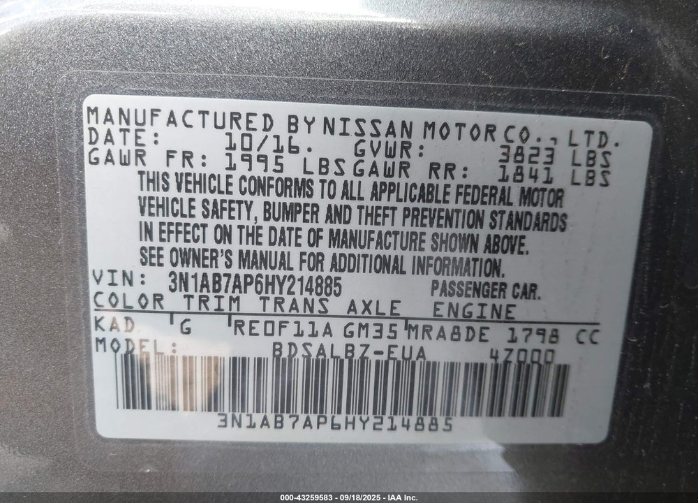 2017 NISSAN SENTRA S VIN: 3N1AB7AP6HY214885