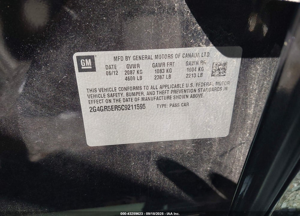 2012 BUICK REGAL VIN: 2G4GR5ER5C9211595