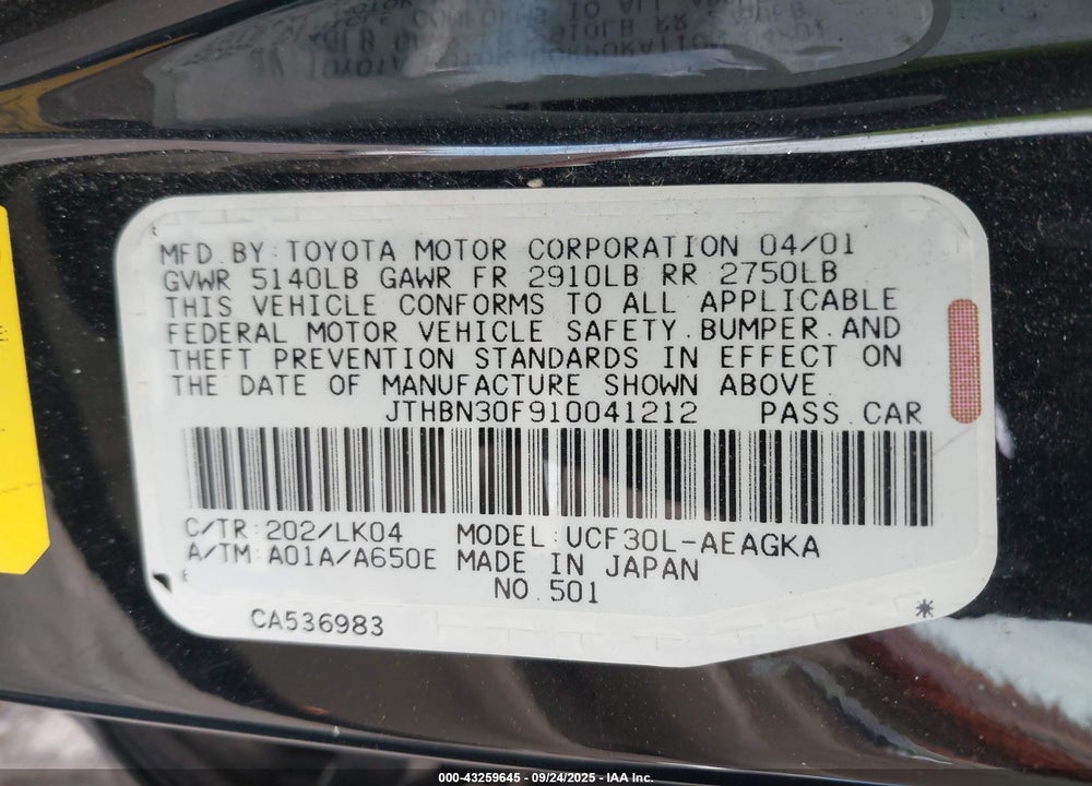 2001 LEXUS LS 430 VIN: JTHBN30F910041212