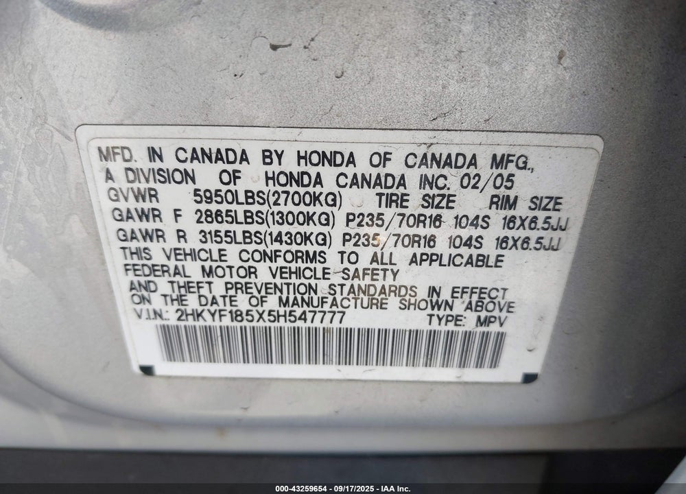 2005 HONDA PILOT EX-L VIN: 2HKYF185X5H547777