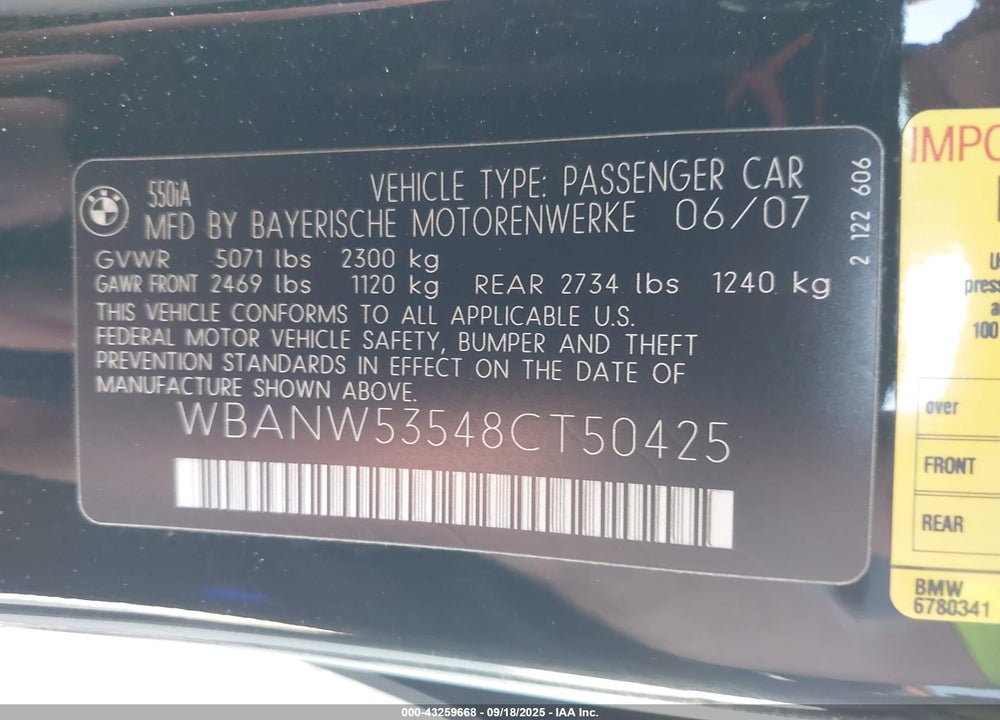 2008 BMW 550I VIN: WBANW53548CT50425