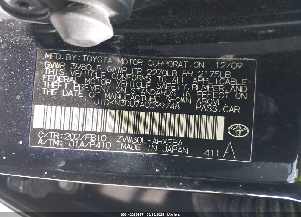 2010 TOYOTA PRIUS II VIN: JTDKN3DU7A0099748